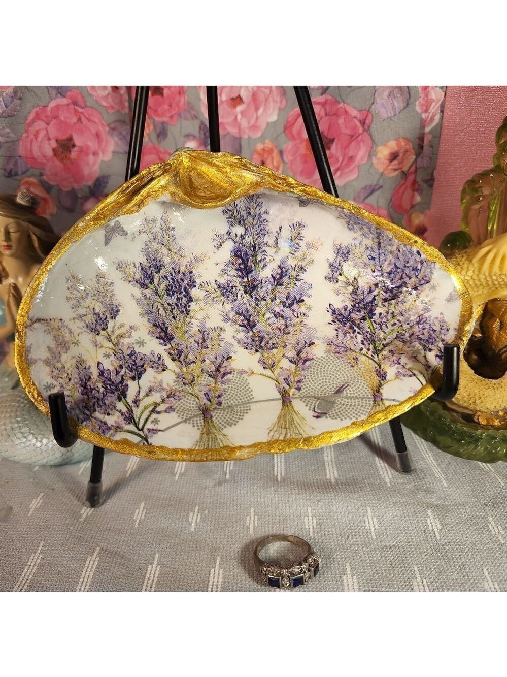 DECOUPAGE CLAM SHELL LAVENDER CLAM TRINKET DISH
